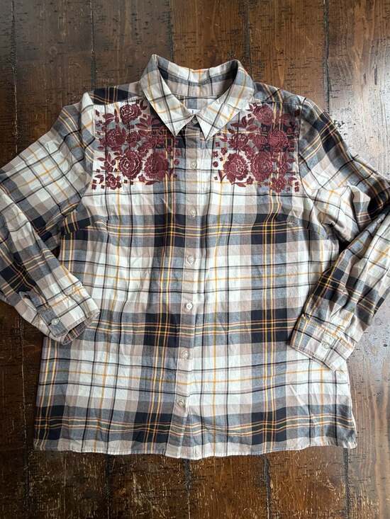 Denim & Co. Tops - Denim & Co. Floral Embroidered Plaid Button Down Shirt Size L